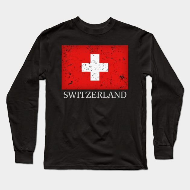 Flag of Switzerland - Retro Style Vintage Swiss Flag Long Sleeve T-Shirt by PerttyShirty